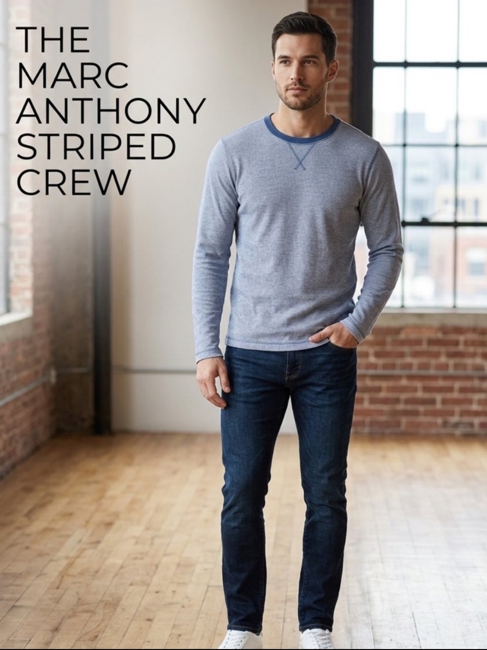 Marc Anthony Men's Long Sleeve Striped Thermal Crewneck in Blue/White, Medium